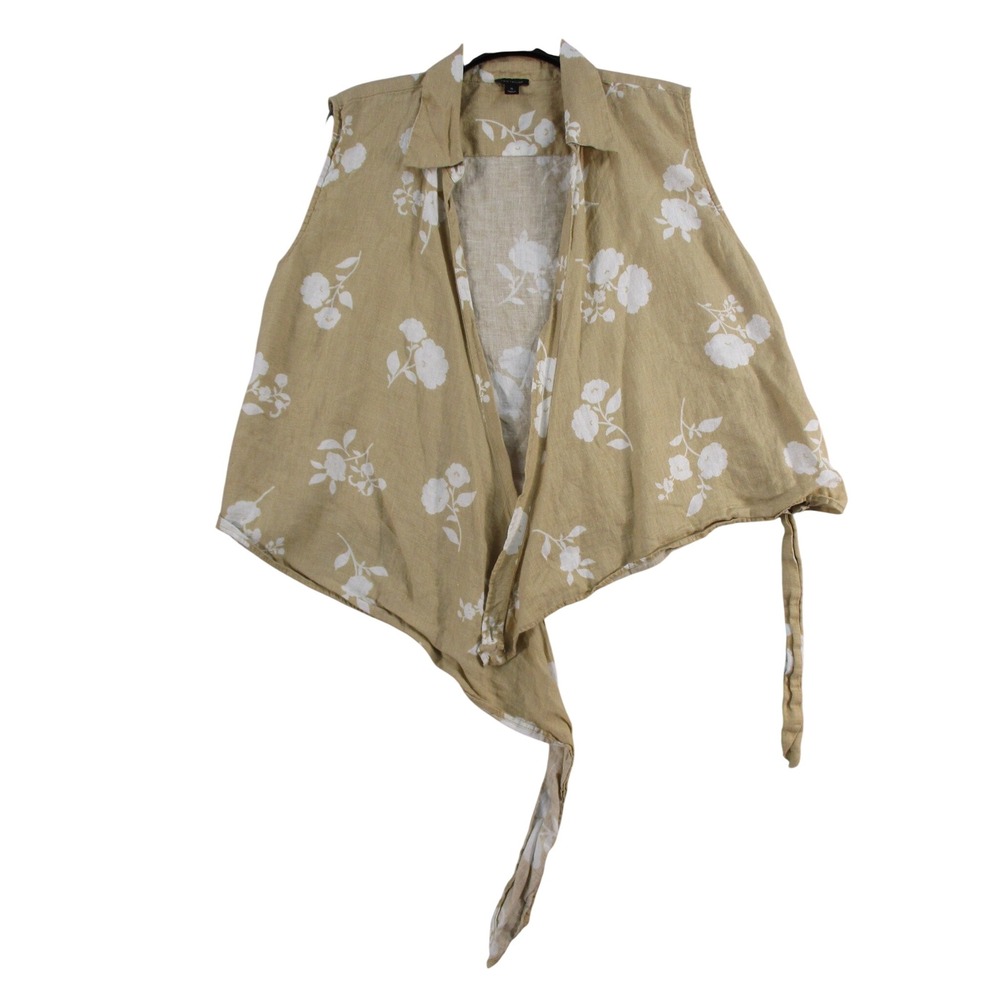 Ann Taylor Womens XL Tan Floral 100% Linen Sleeveless Tie Front Top